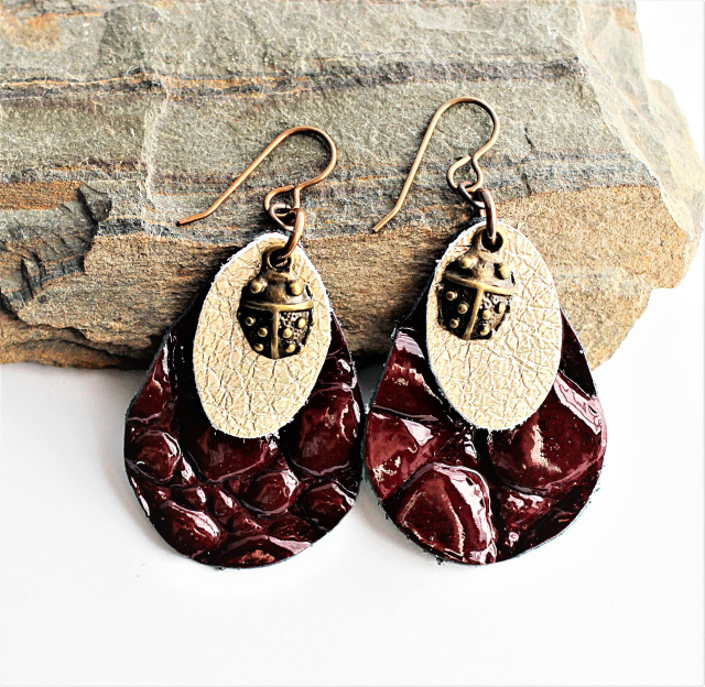 Brown Leather Earrings Textured Embossed Leather Tree of Life Charm by Hendywood
